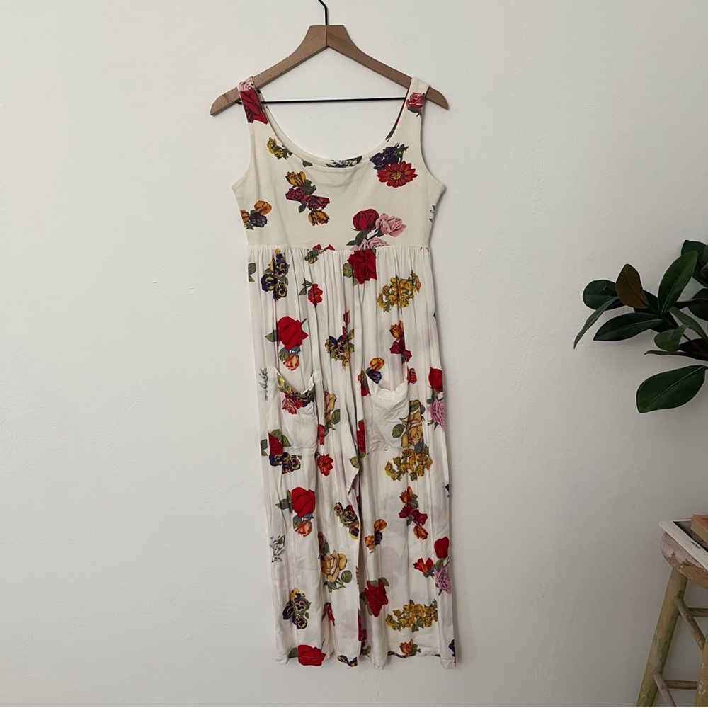 Betsey Johnson Cream Floral Jumpsuit with Red, Yellow & Purple Flowers